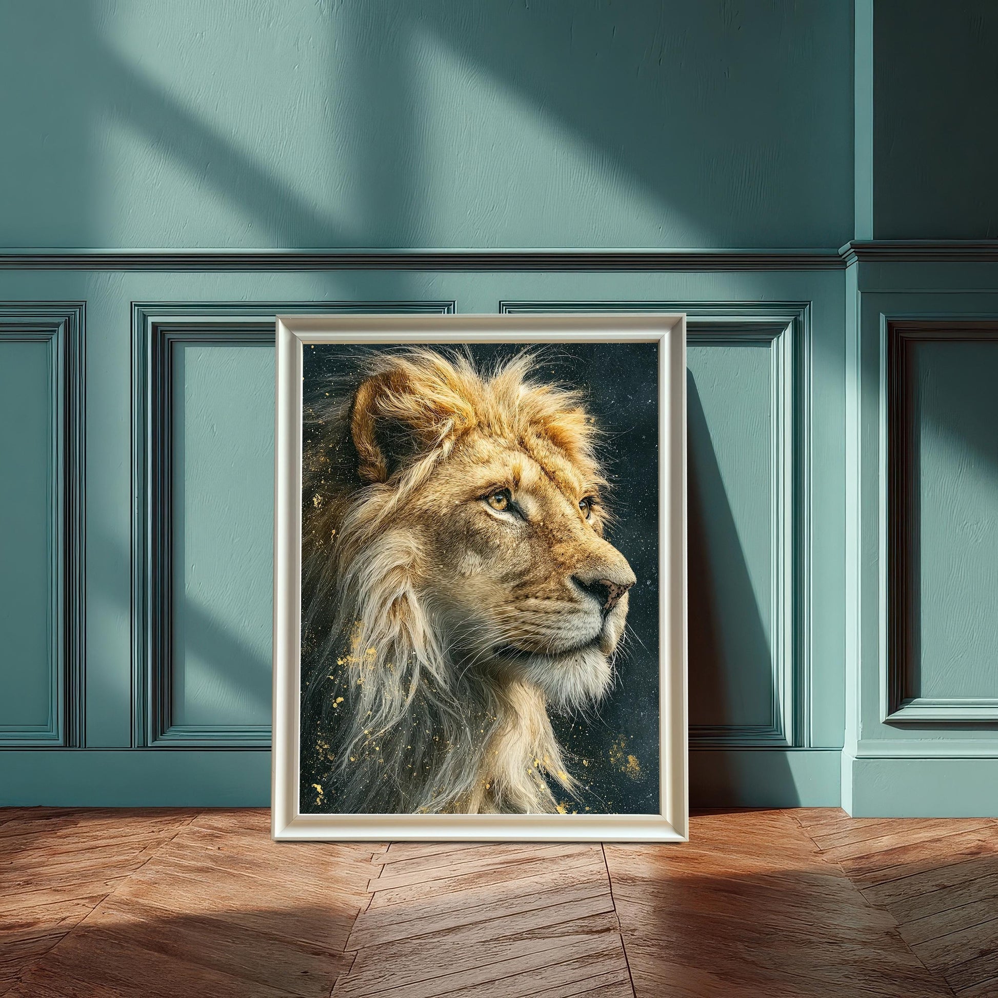 A framed portrait of a lion's head with a flowing mane. The painting is in a white frame with a mat, leaning on a wooden floor against a teal wainscoted wall.