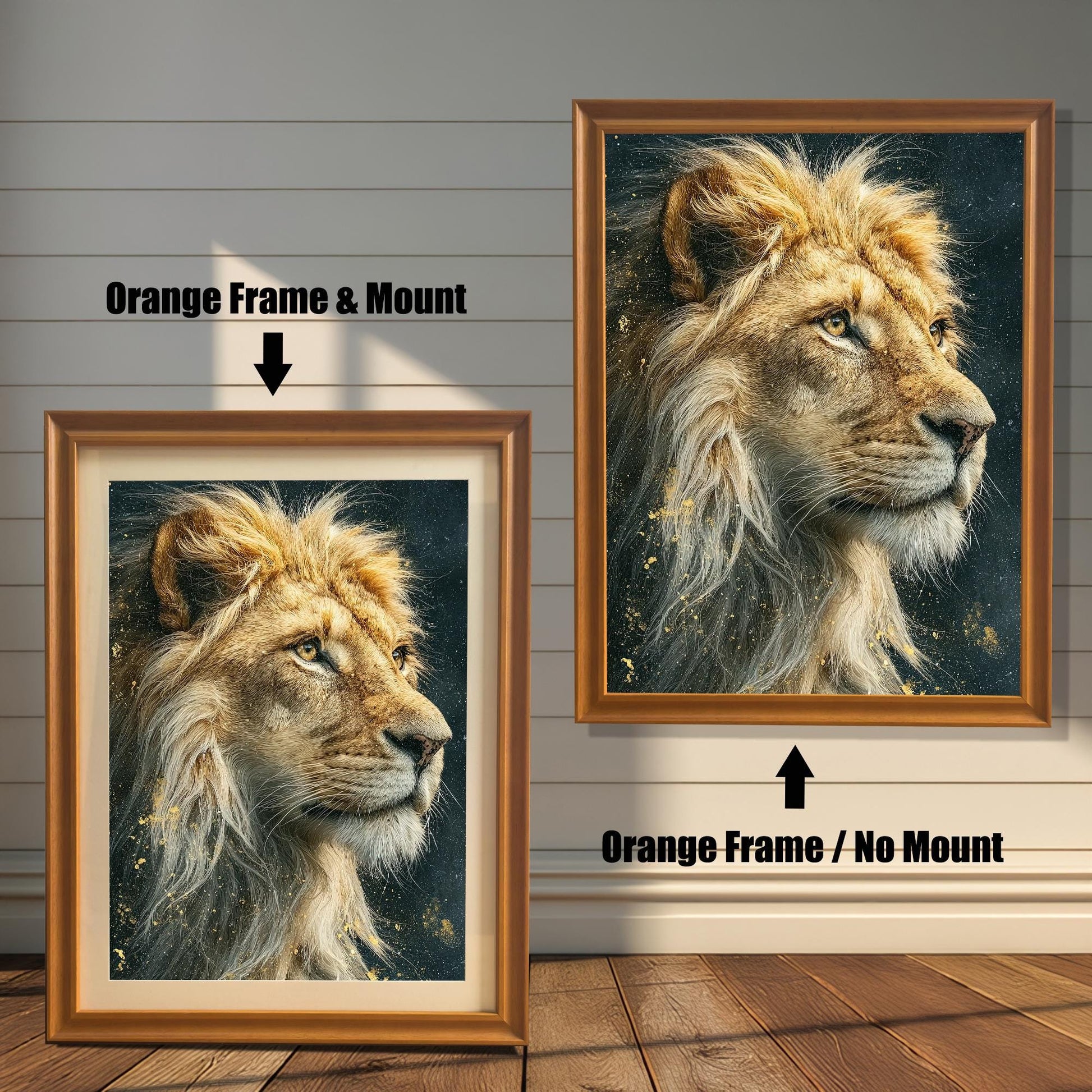 Two framed portraits of a lion's head. The painting on the left is in an orange-brown frame with a mat. The one on the right is in an orange-brown frame without a mat. Text labels indicate the framing difference.