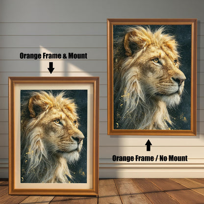 Two framed portraits of a lion's head. The painting on the left is in an orange-brown frame with a mat. The one on the right is in an orange-brown frame without a mat. Text labels indicate the framing difference.