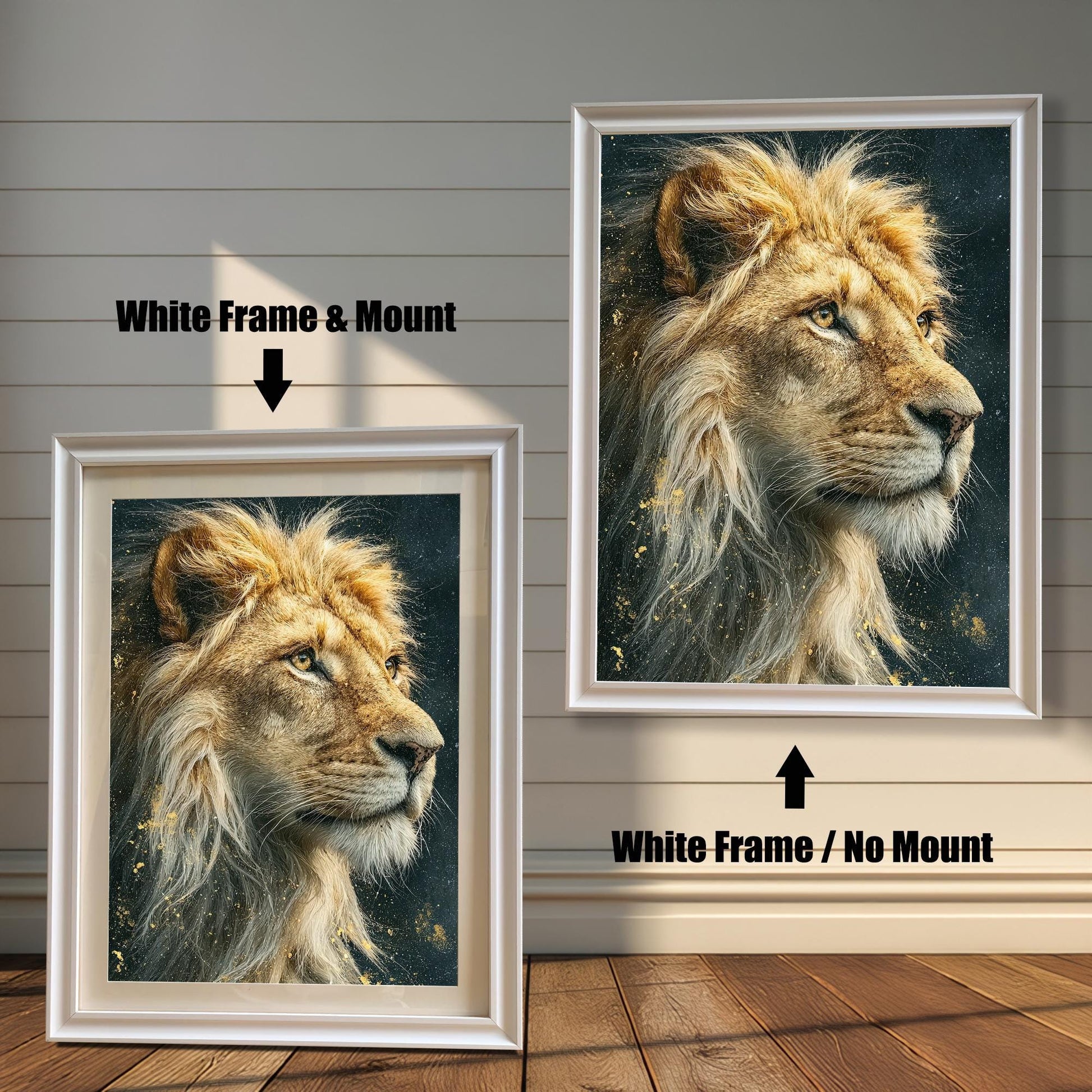 Two framed portraits of a lion's head. The painting on the left is in a white frame with a mat. The one on the right is in a white frame without a mat. Text labels indicate the framing difference.
