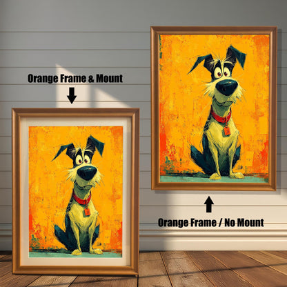 Two framed paintings of a cartoon dog. The painting on the left is in an orange frame with a mat. The one on the right is in an orange frame without a mat. Text labels indicate the framing difference.