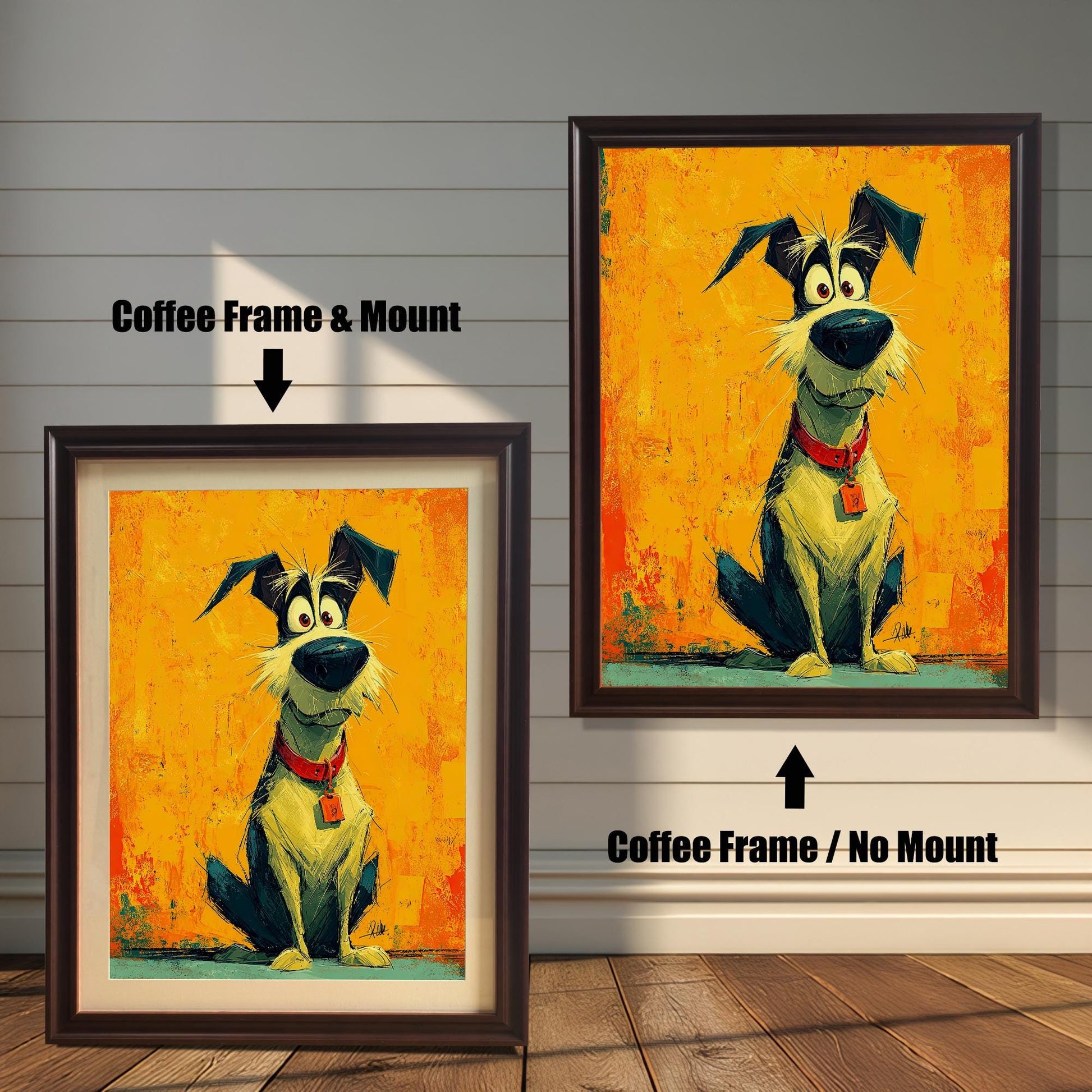 Two framed paintings of a cartoon dog. The painting on the left is in a coffee-colored frame with a mat. The one on the right is in a coffee-colored frame without a mat. Text labels indicate the framing difference.