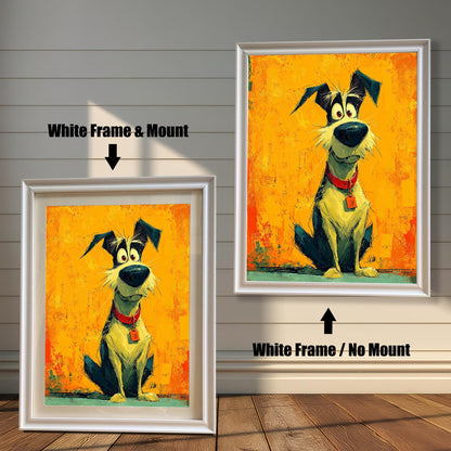 Two framed paintings of a cartoon dog. The painting on the left is in a white frame with a mat. The one on the right is in a white frame without a mat. Text labels indicate the framing difference.