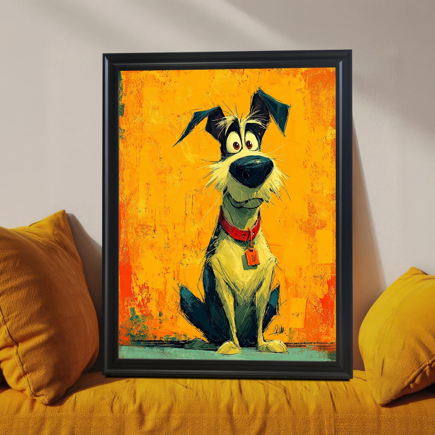 A framed painting of a cartoon dog with big eyes and a red collar, sitting on a yellow surface against an orange background. The painting is in a black frame, propped up on a yellow couch between two pillows.