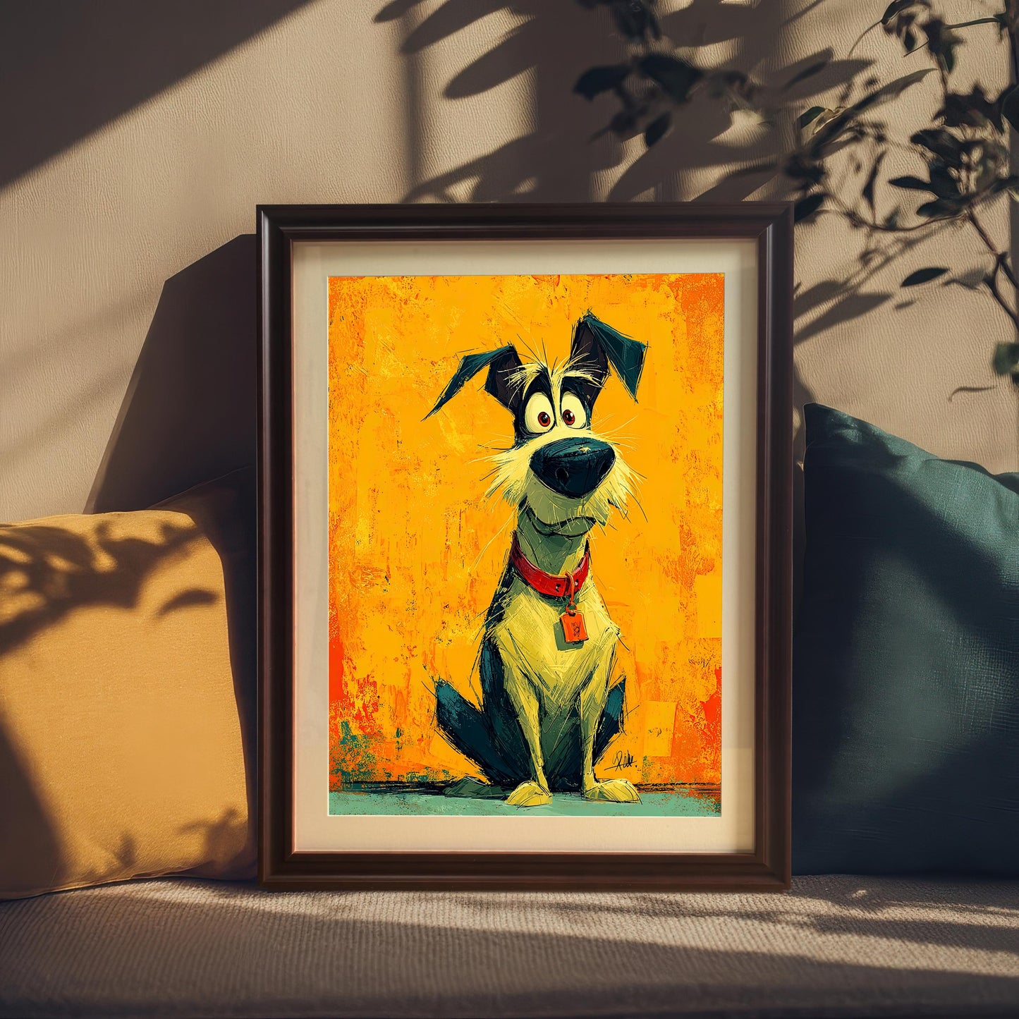 A framed painting of a cartoon dog with big eyes and a red collar, sitting on a yellow surface against an orange background. The coffee-colored framed art rests between two pillows on a couch.