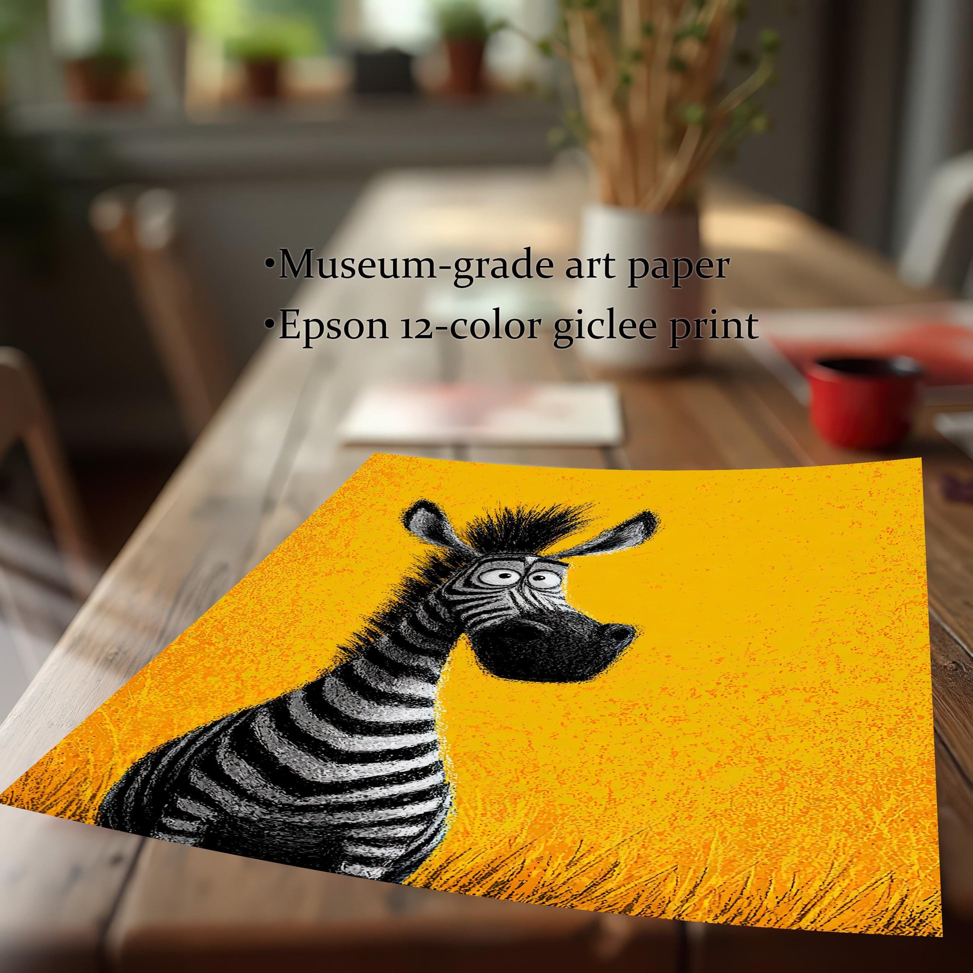 A close-up of the corner of a print of a cartoon zebra, showcasing the art paper's quality. Text describes the product as "Museum-grade art paper" and an "Epson 12-color giclee print."
