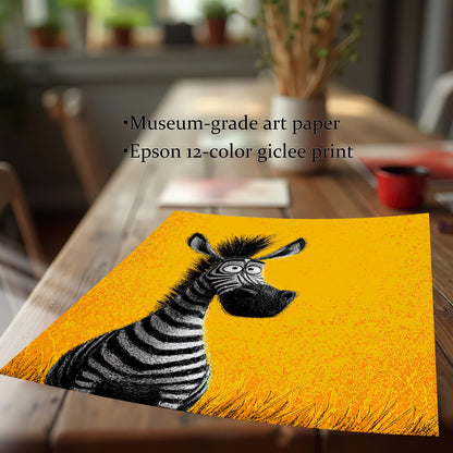 A close-up of the corner of a print of a cartoon zebra, showcasing the art paper's quality. Text describes the product as "Museum-grade art paper" and an "Epson 12-color giclee print."