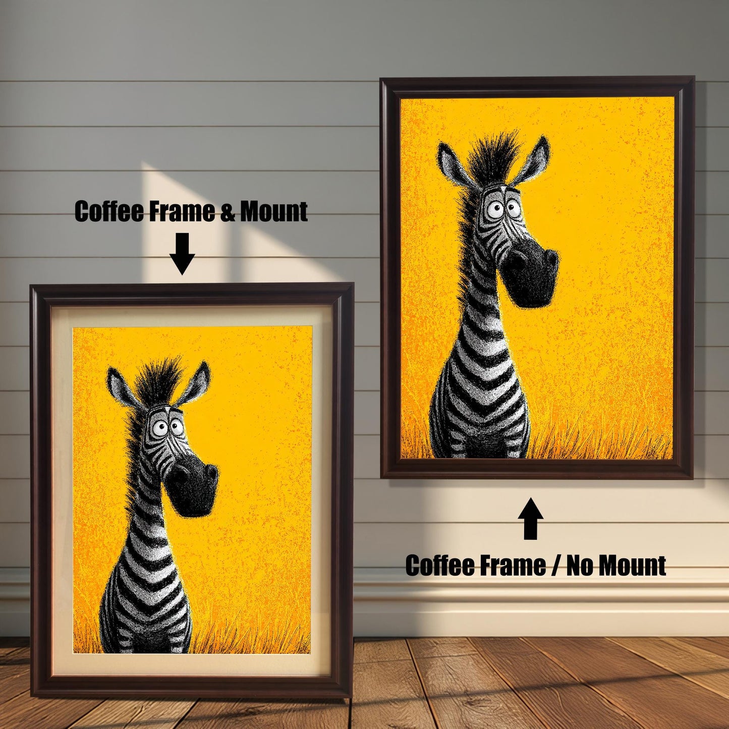 Two framed paintings of a cartoon zebra. The painting on the left is in a coffee-colored frame with a mat. The one on the right is in a coffee-colored frame without a mat. Text labels indicate the difference in framing.