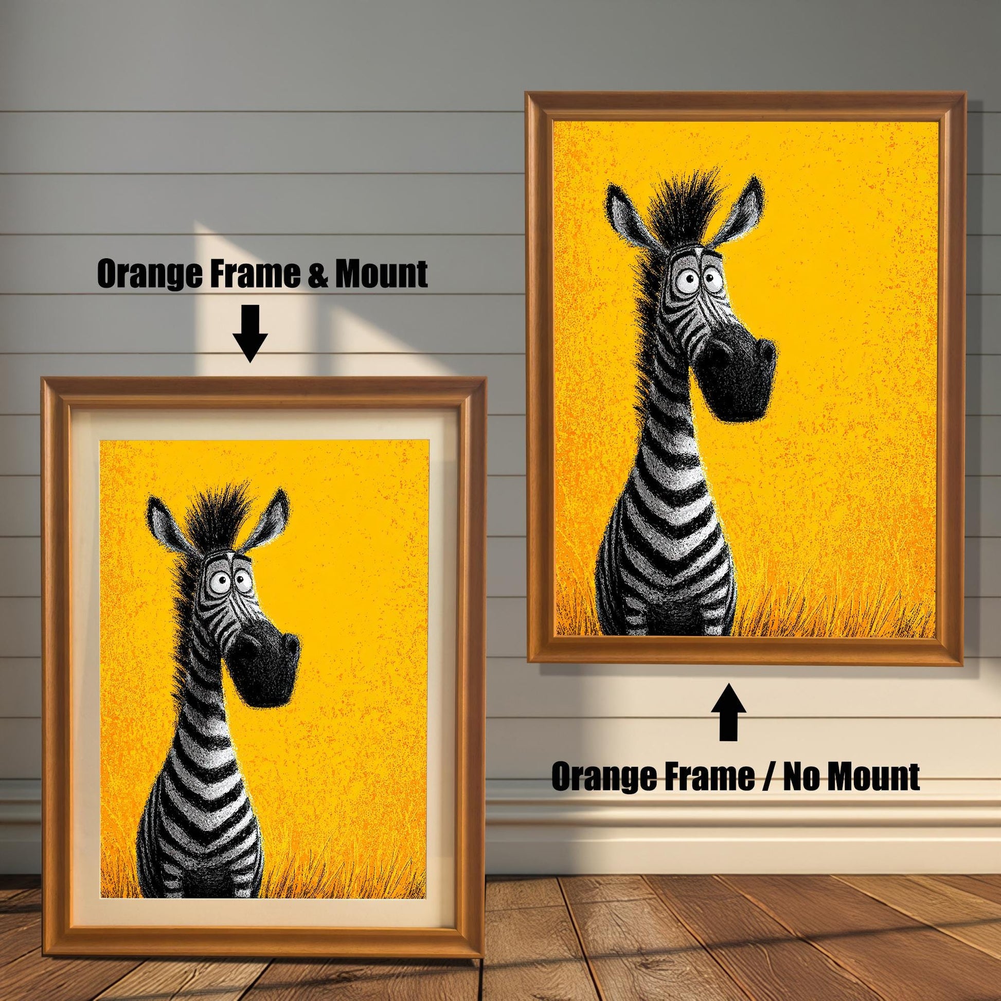 wo framed paintings of a cartoon zebra. The painting on the left is in an orange-brown frame with a mat. The one on the right is in an orange-brown frame without a mat. Text labels indicate the difference in framing.