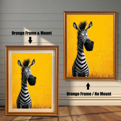 wo framed paintings of a cartoon zebra. The painting on the left is in an orange-brown frame with a mat. The one on the right is in an orange-brown frame without a mat. Text labels indicate the difference in framing.