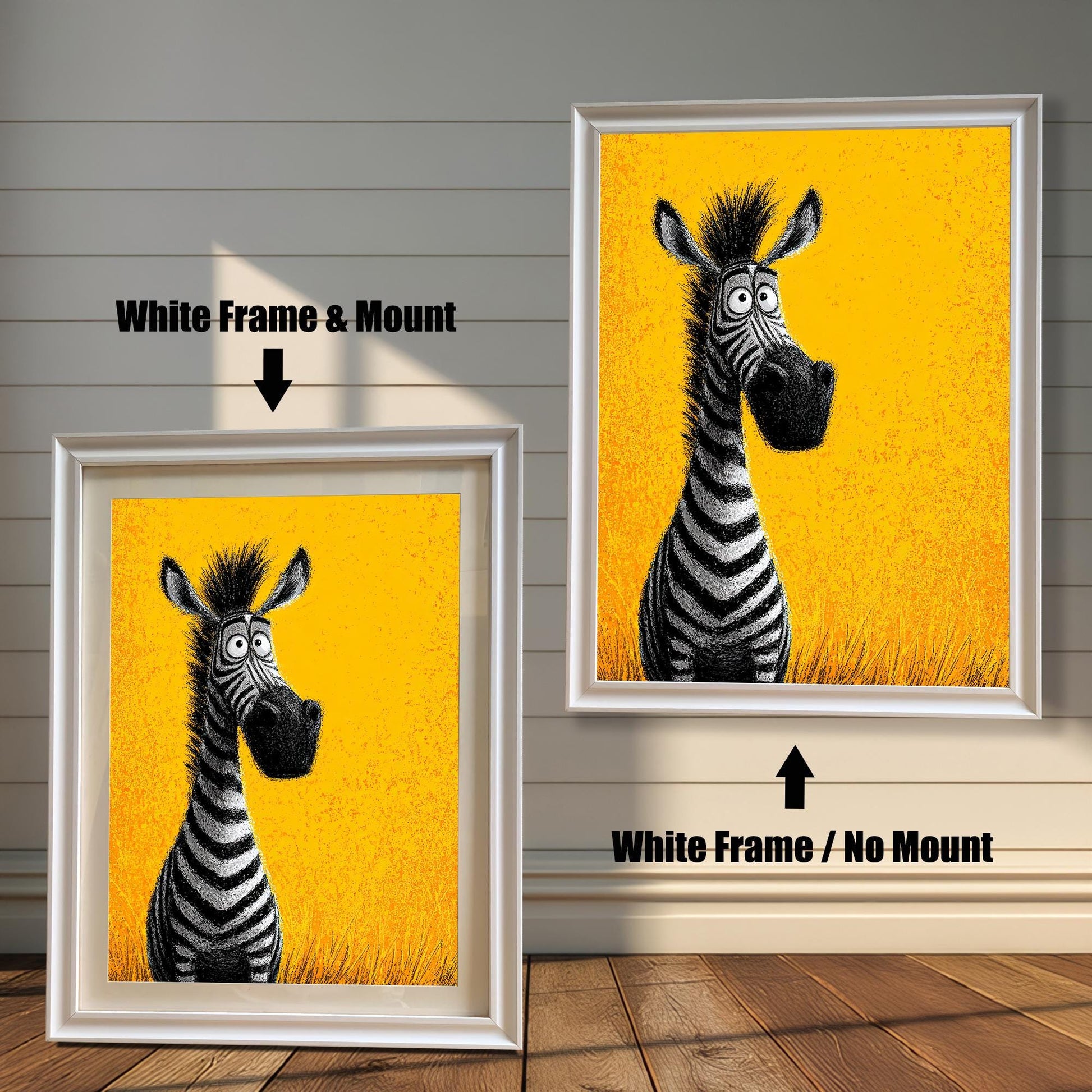 Two framed paintings of a cartoon zebra. The painting on the left is in a white frame with a mat. The one on the right is in a white frame without a mat. Text labels indicate the difference in framing.
