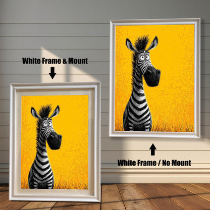 Two framed paintings of a cartoon zebra. The painting on the left is in a white frame with a mat. The one on the right is in a white frame without a mat. Text labels indicate the difference in framing.