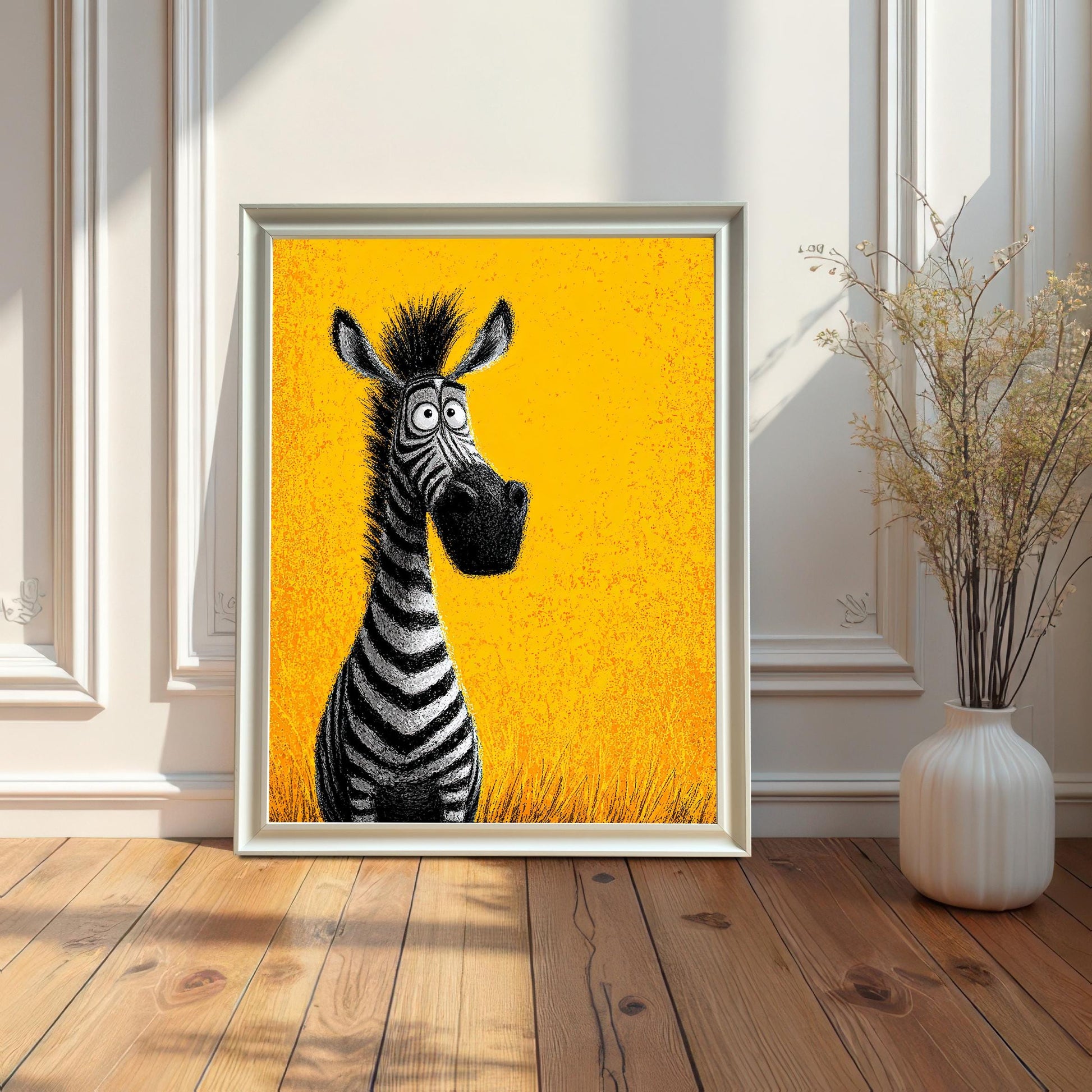 A framed painting of a cartoon zebra against a bright yellow background. The painting is in a white frame, leaning against a white wainscoted wall next to a pot of dried flowers.