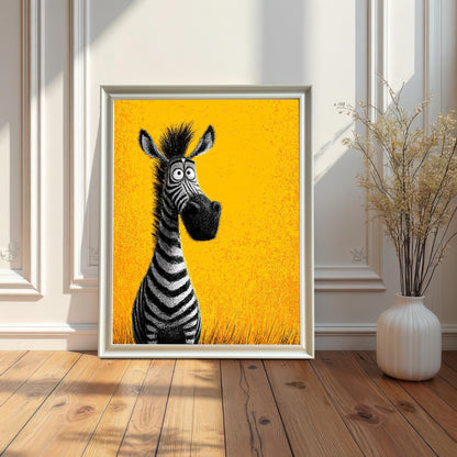 A framed painting of a cartoon zebra against a bright yellow background. The painting is in a white frame, leaning against a white wainscoted wall next to a pot of dried flowers.