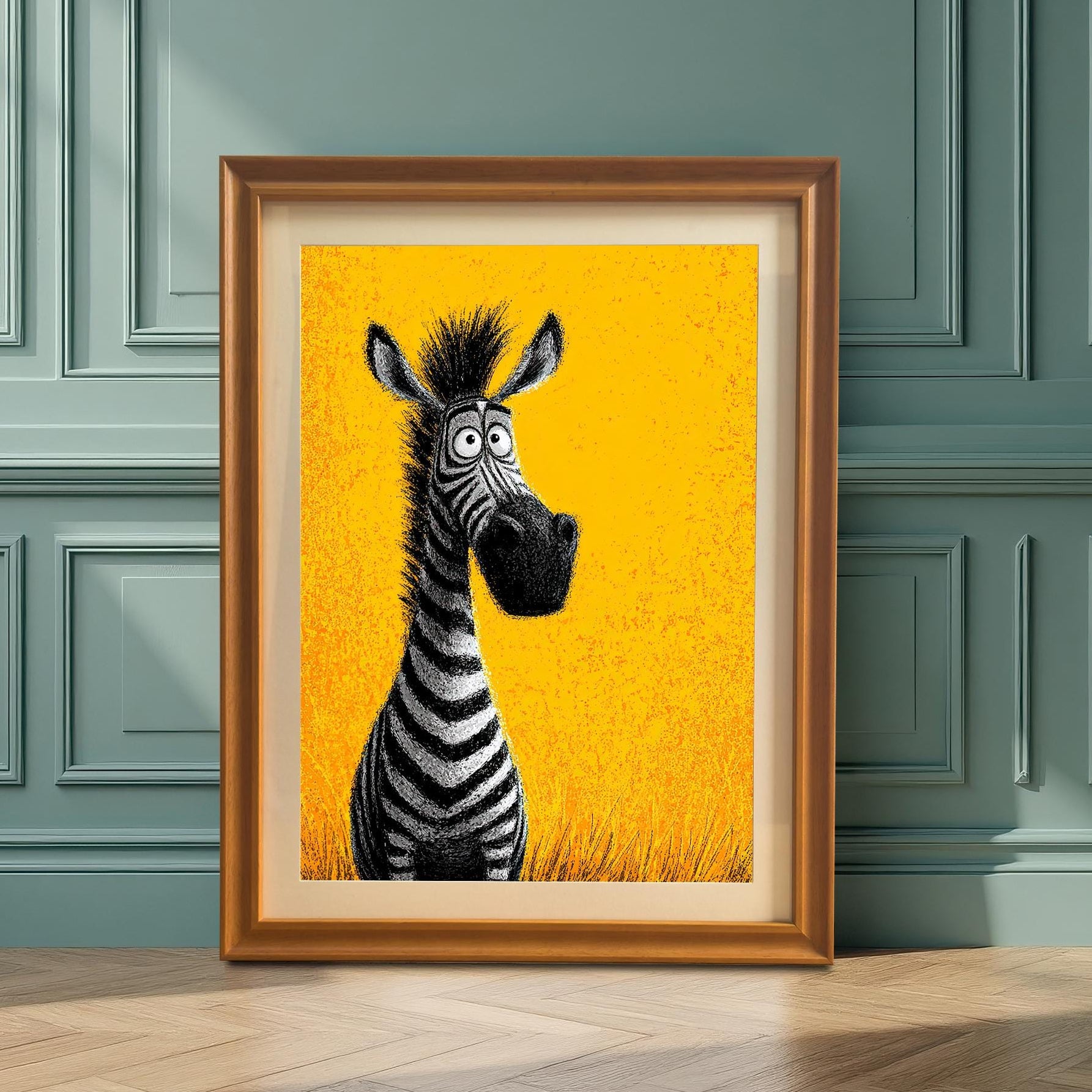 A framed, cartoon-style painting of a zebra with big eyes against a bright yellow background. The painting is in an orange-brown frame with a cream-colored mat, leaning against a teal wainscoted wall.