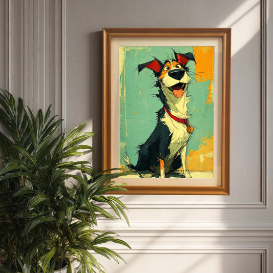 A framed painting of a happy dog hanging on a wall with wainscoting. The painting is in an orange-brown frame, partially obscured by a potted plant.