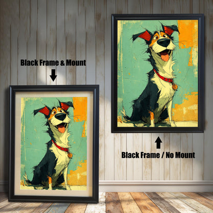Two framed paintings of a happy dog. The painting on the left is in a black frame with a mat. The one on the right is in a black frame without a mat. Text labels show the difference in framing.