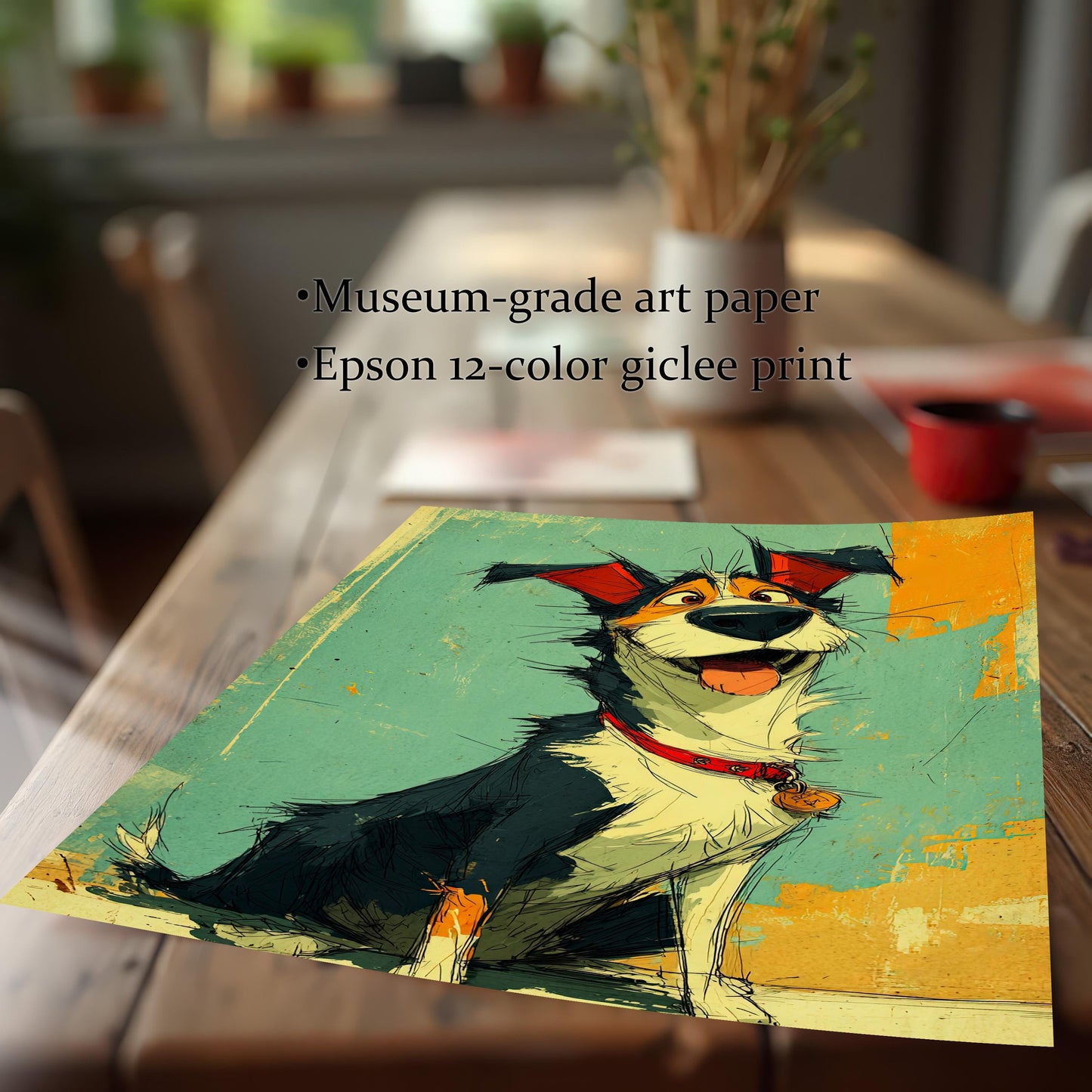 Joyful Cartoon Dog Portrait Wood Framed Wall Art Print for Home Decor