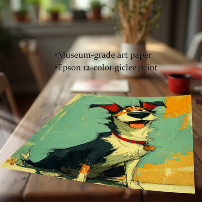 Joyful Cartoon Dog Portrait Wood Framed Wall Art Print for Home Decor