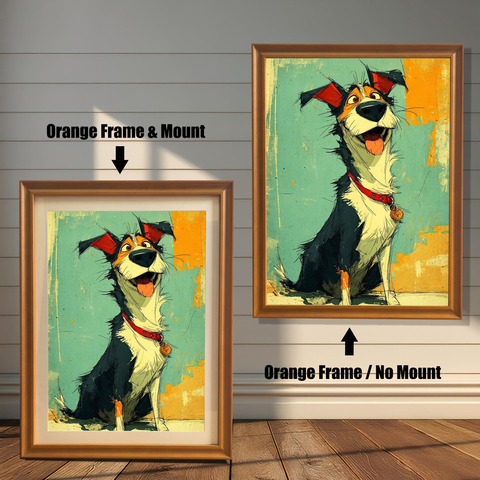 Two framed paintings of a happy dog. The painting on the left is in an orange-brown frame with a mat. The one on the right is in an orange-brown frame without a mat. Text labels show the difference in framing.