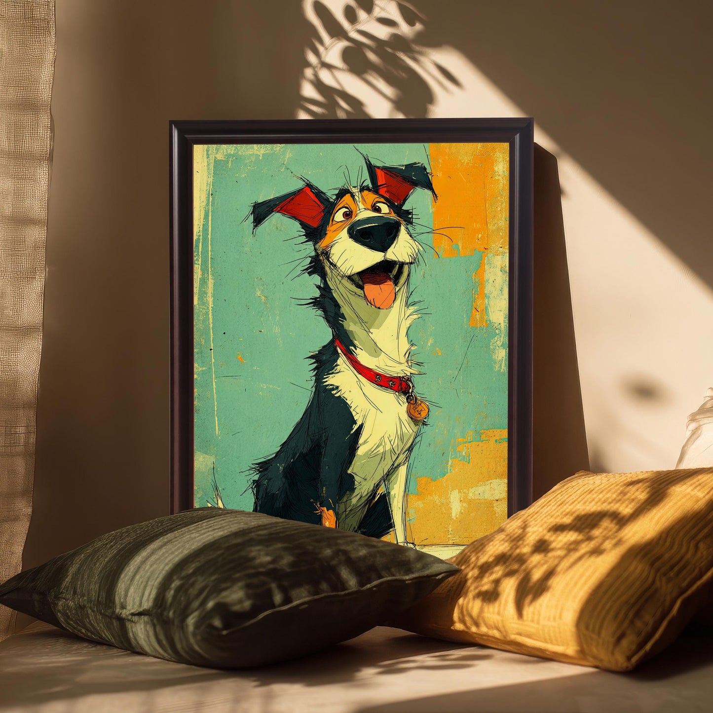 A framed painting of a happy dog in a coffee-colored frame with a mat. The painting is propped up on a couch between two pillows, with shadows cast across the background.