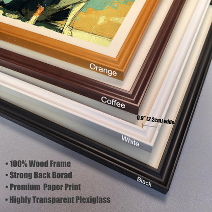 A close-up, stacked view of the four available frame styles: orange, coffee, white, and black. A ruler indicates the frame width is 0.9 inches. Text lists features like "100% Wood Frame" and "Highly Transparent Plexiglass."