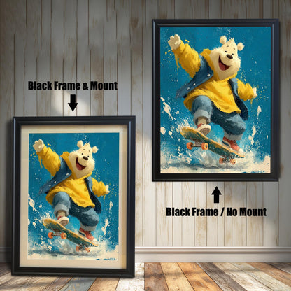 Two framed versions of the same polar bear painting. The larger one is a black frame with no mount. The smaller one is a black frame with a mount.