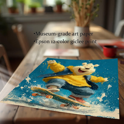 A flat print of the polar bear painting on a wooden table. Text states it's on "museum-grade art paper" and is an "Epson 12-color giclee print."