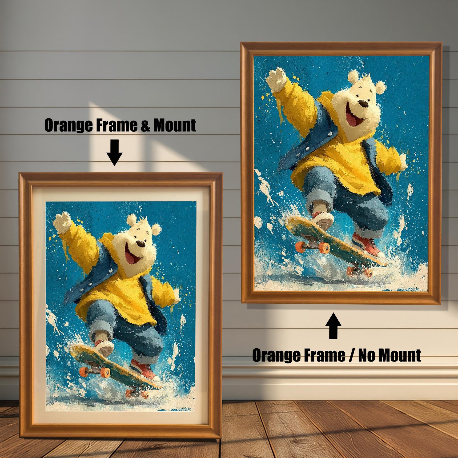 Two framed versions of the same polar bear painting. The larger one is an orange frame with no mount. The smaller one is an orange frame with a mount.