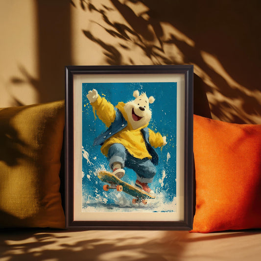 A framed painting of a polar bear on a skateboard, propped up against two pillows on a couch. The shadows of a plant are cast on the wall behind it.