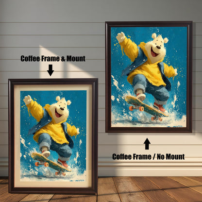 Two framed versions of the same polar bear painting. The larger one is a coffee-colored frame with no mount. The smaller one is a coffee-colored frame with a mount.