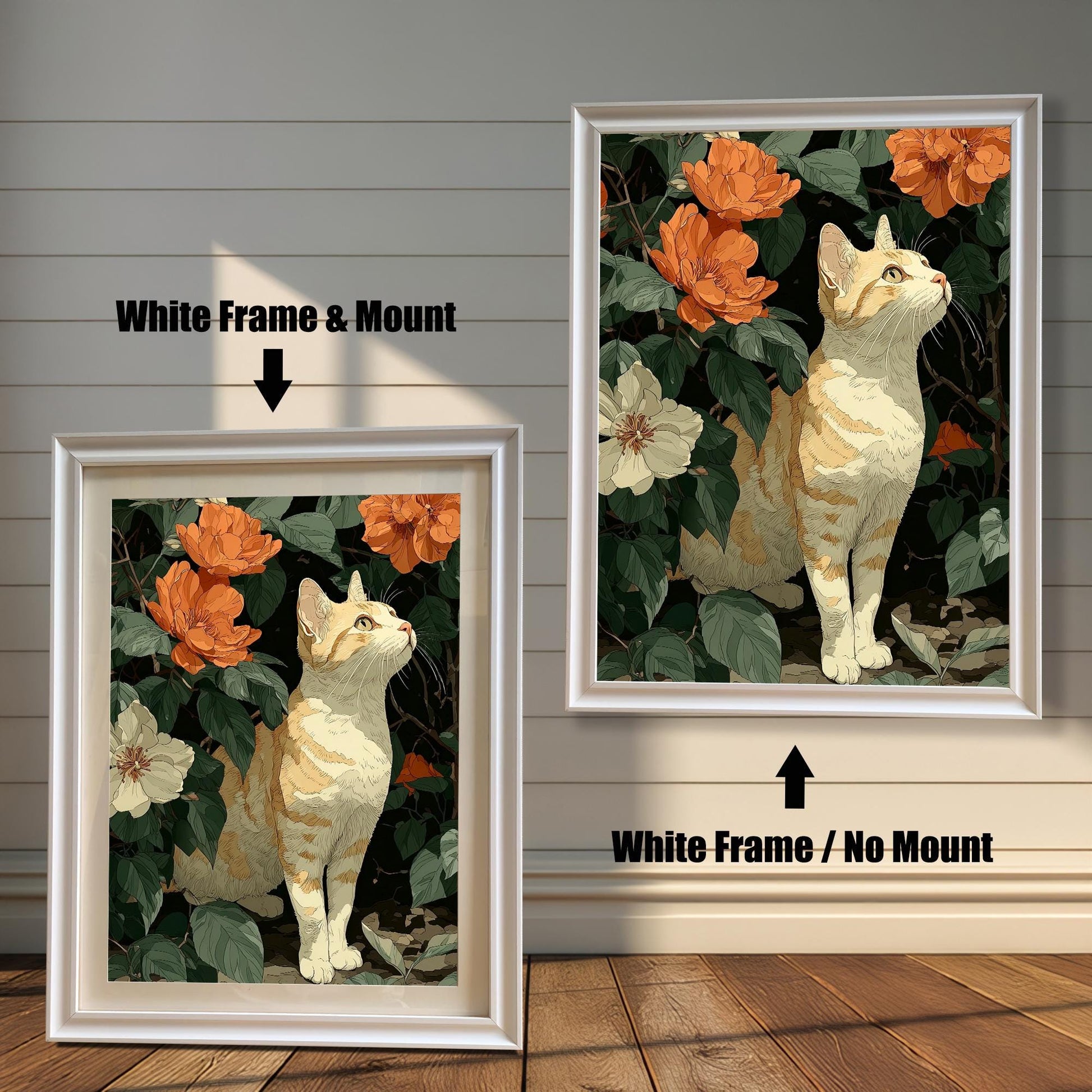 Two framed cat and flower prints side-by-side. The left is a "White Frame & Mount," and the right is a "White Frame / No Mount."