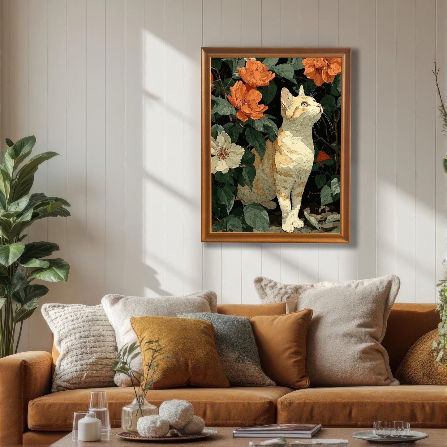A framed wall art print of a cat among flowers, featuring an orange/wood frame, hanging above a tan sofa with warm-colored pillows in a sunlit living room.