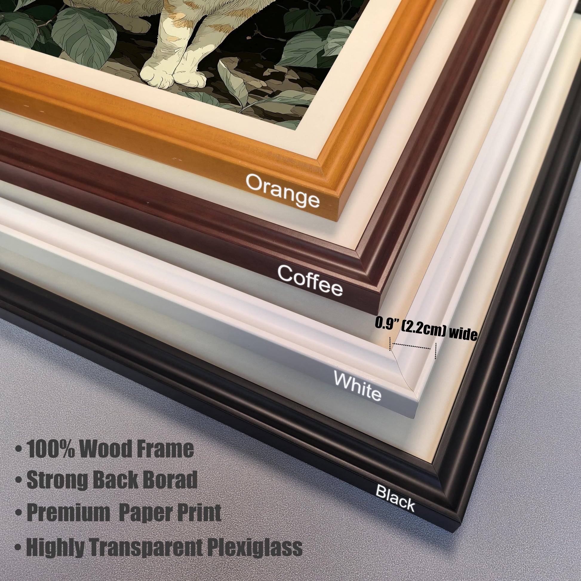Close-up stack of four frame corner samples: Orange, Coffee, White, and Black. The width is labeled as 0.9" (2.2cm). Bullet points list "100% Wood Frame," "Strong Back Board," "Premium Paper Print," and "Highly Transparent Plexiglass."
