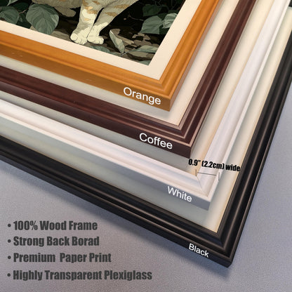 Close-up stack of four frame corner samples: Orange, Coffee, White, and Black. The width is labeled as 0.9" (2.2cm). Bullet points list "100% Wood Frame," "Strong Back Board," "Premium Paper Print," and "Highly Transparent Plexiglass."