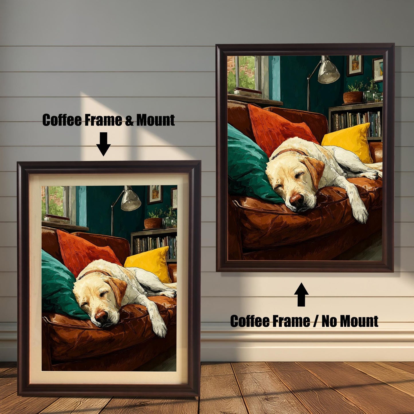 A pair of coffee-colored framed art prints show a sleeping dog on a couch. The one on the left has a white matting, while the one on the right does not.