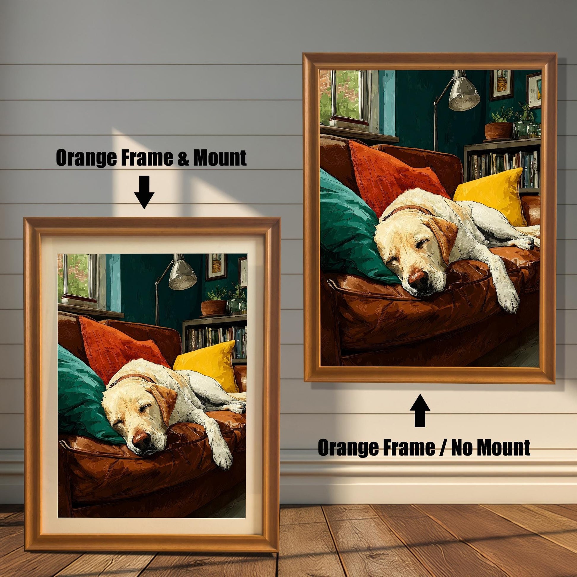 A pair of orange-colored framed art prints show a sleeping dog on a couch. The one on the left has a white matting, while the one on the right does not.