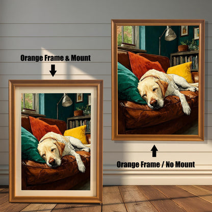 A pair of orange-colored framed art prints show a sleeping dog on a couch. The one on the left has a white matting, while the one on the right does not.
