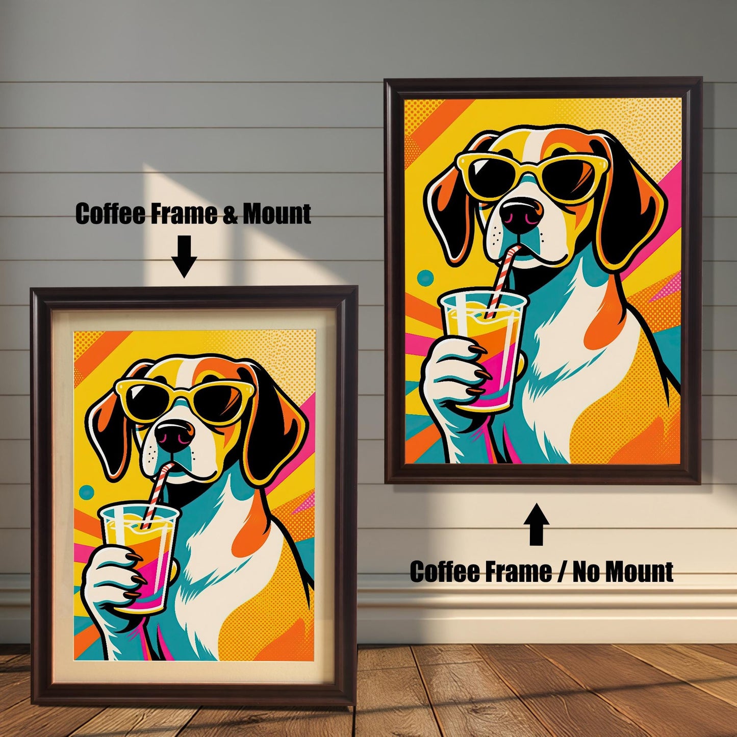 A pair of coffee-colored framed beagle art prints. The one on the left has a white matting, while the one on the right has no matting.