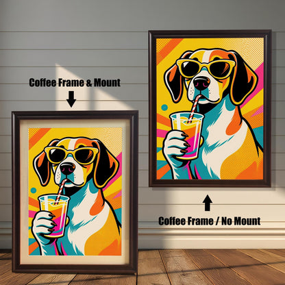 A pair of coffee-colored framed beagle art prints. The one on the left has a white matting, while the one on the right has no matting.