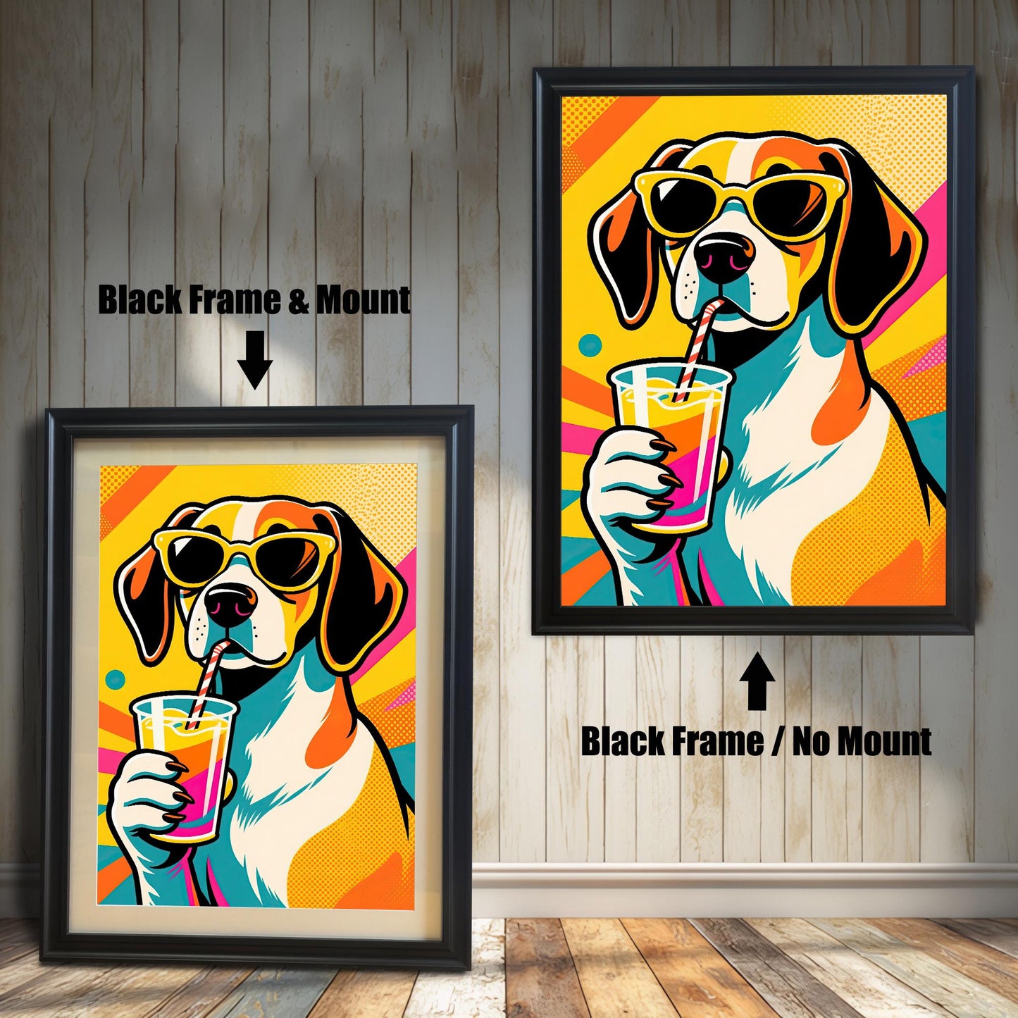 A pair of black-framed beagle art prints. The one on the left has a white matting, while the one on the right has no matting.