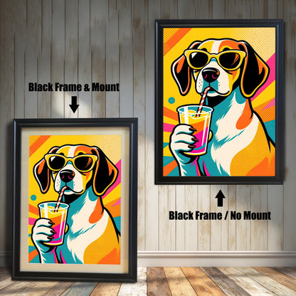 A pair of black-framed beagle art prints. The one on the left has a white matting, while the one on the right has no matting.