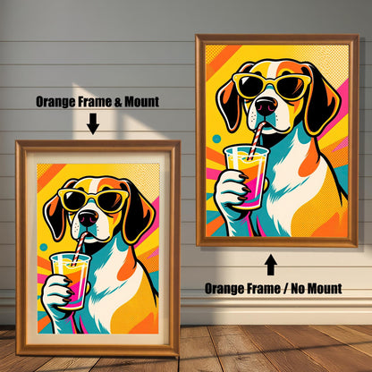 A pair of orange-colored framed beagle art prints. The one on the left has a white matting, while the one on the right has no matting.