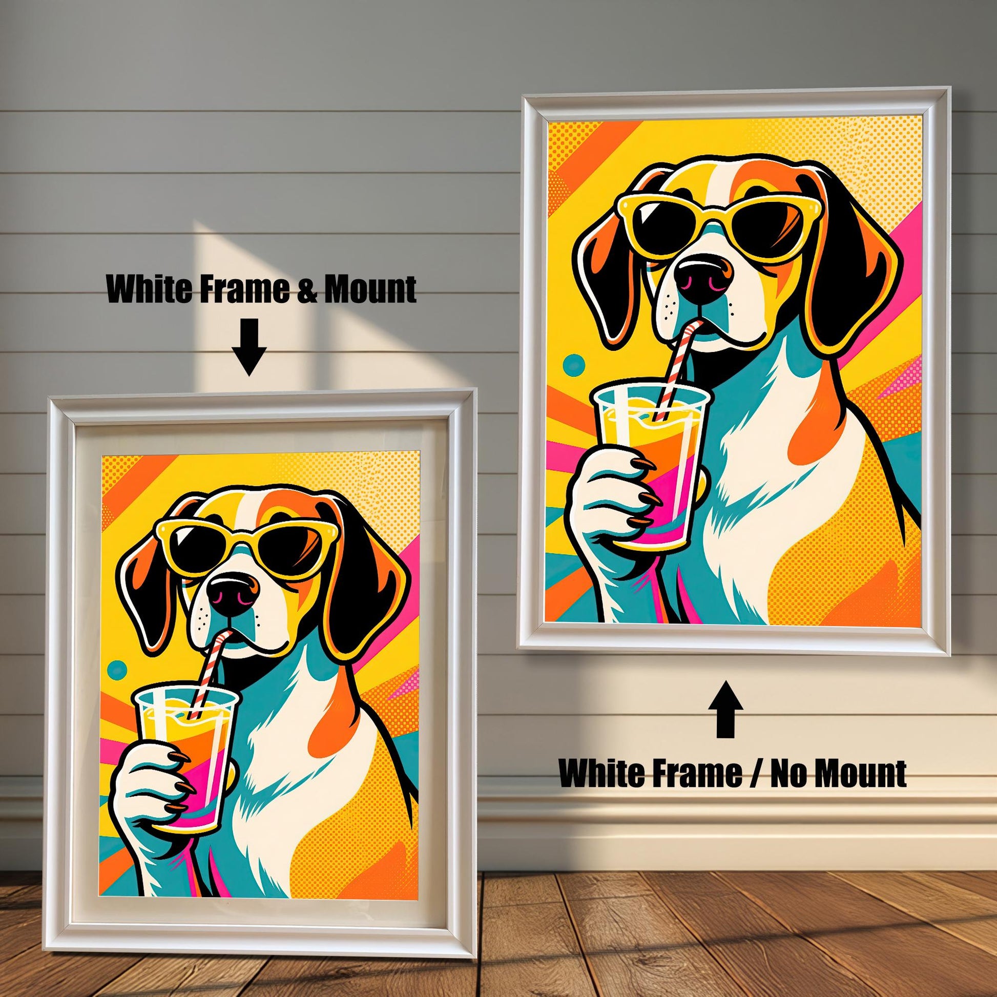 A pair of white-framed beagle art prints. The one on the left has a white matting, while the one on the right has no matting.