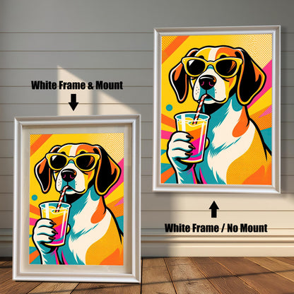 A pair of white-framed beagle art prints. The one on the left has a white matting, while the one on the right has no matting.
