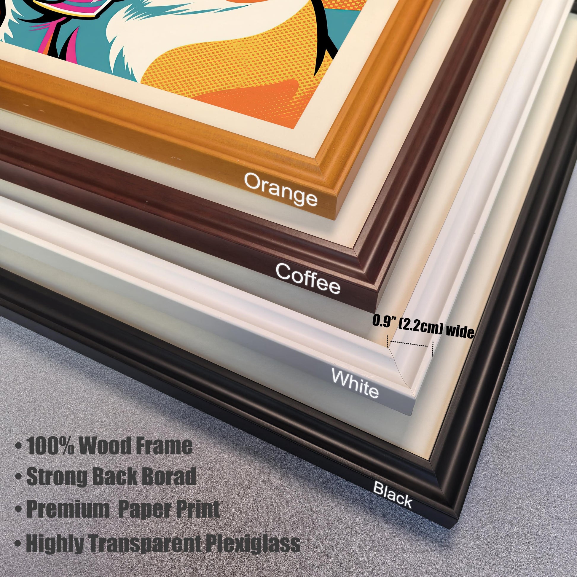 A corner view of four different frame colors—orange, coffee, white, and black—stacked on top of each other.