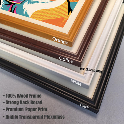 A corner view of four different frame colors—orange, coffee, white, and black—stacked on top of each other.