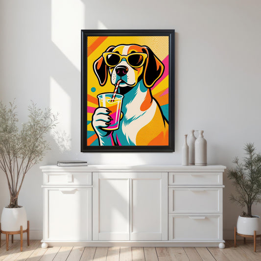 A black-framed pop art beagle print hangs on a white wall above a white console table with two potted plants.