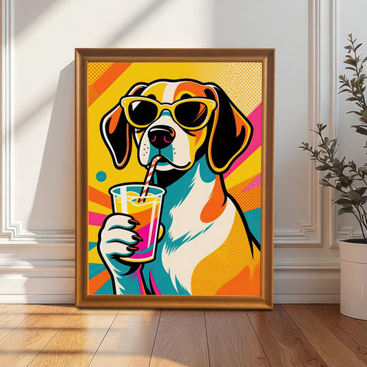 A framed art print of a beagle with sunglasses drinking a beverage, leaning on a white paneled wall with a plant beside it.