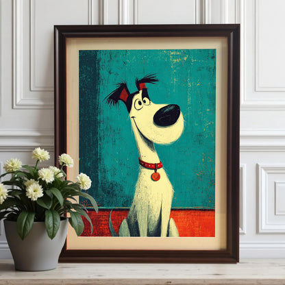 A framed art print of a white dog with a long nose and a red collar sits on a wooden surface next to a potted plant with white flowers.